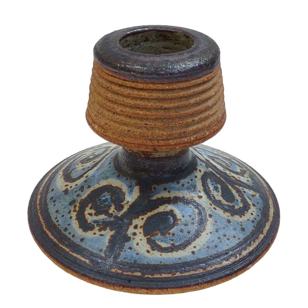 Candle Holder Pottery Hand Thrown Matte Blues with Neutrals 3.5 Inches Tall 1970